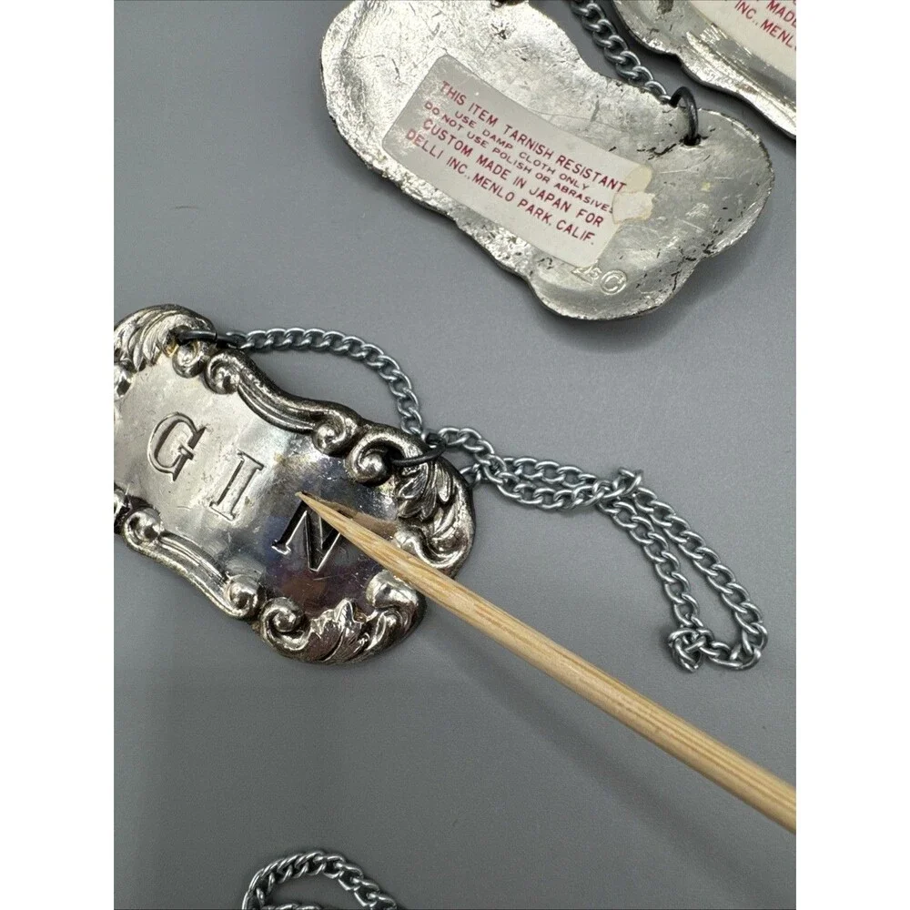 Vintage MC Delli Inc Silver Plate Decanter Liquor Tags Labels Set of 5 Japan